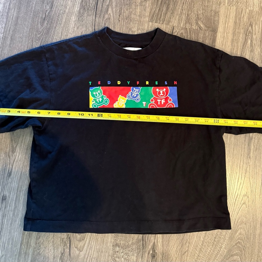 Teddy Fresh Black Crop Tee with Colorful Bear Graphic